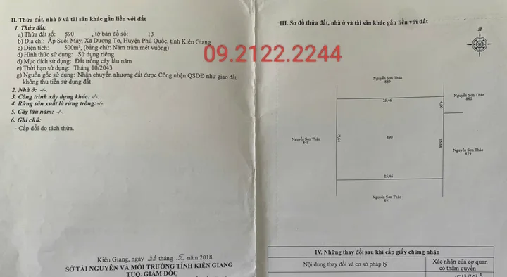 Bán Đất 500m² có 362m² thổ cư, ngang 19.7m Suối Mây giá 5.8 tỷ, tại Đặc khu Phú Quốc, An Giang
