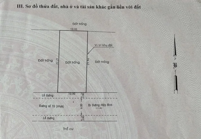 Đất mặt tiền Đường 15, Hiệp Bình Chánh – Dt 220m² (10 x 22) – Đường 10m
