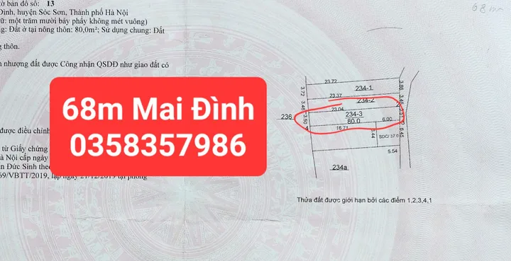 Bán Đất 68m² thổ cư 68m² giá 2.5 tỷ tại Xã Sóc Sơn Hà Nội