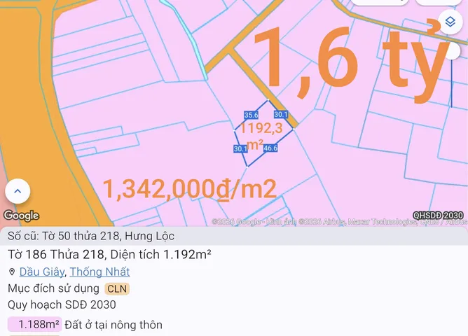 Bán Đất 1192m² giá 1.6 tỷ tại Xã Dầu Giây Đồng Nai
