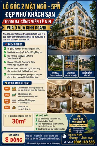 Bán Nhà riêng 30m² thổ cư 30m² giá 8 tỷ tại Đường Vân Hồ 3 Phường Bạch Mai Hà Nội.Lô góc 2 mặt ngõ - 5 PN đẹp như khách sạn - 100m ra công viên Lê Nin - Vừa ở và kinh doanh