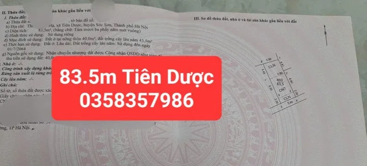 Bán Đất 83m² thổ cư 40m² giá 2.2 tỷ tại Xã Sóc Sơn Hà Nội
