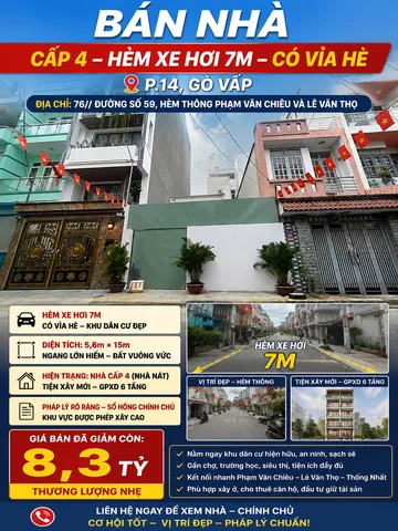 5,6mx16m vuông vức, hxh 76 Đ.S 59 P.V.Chiêu, lg 6m xây 6 tầng, khu dân trí hẻm thông, 8,3 tỷ