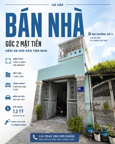 CHỈ 82TR/M2 CHO CĂN GÓC HXH PHẠM VĂN CHIÊU P9 4,3X20 CN 87M2 3 LẦU 5PN TN 15TR/THG CHỈ NHỈNH 7TỶ TL