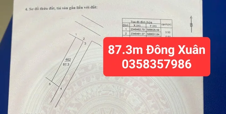 Bán Đất 87m² thổ cư 87m² giá 4.33 tỷ tại Xã Đông Xuân Huyện Sóc Sơn Hà Nội