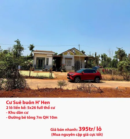 Bán Đất 130m² thổ cư 130m² giá 395 triệu tại Xã Cư Suê Huyện Cư M'gar Đắk Lắk