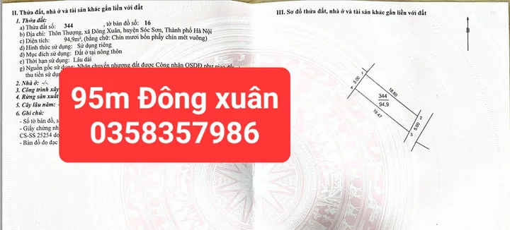 Bán Đất 95m² thổ cư 95m² giá 3.2 tỷ tại Xã Đông Xuân Huyện Sóc Sơn Hà Nội