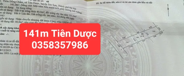 Bán đất 141m vuông,40m thổ cư,mặt tiền 5.06m Tiên Dược Sóc Sơn
