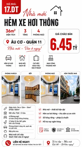 🏡 NHÀ MỚI ÂU CƠ – Q.11 - 36m2 | HẺM XE HƠI THÔNG | 4PN | 3 TẦNG | Mã 17.DT