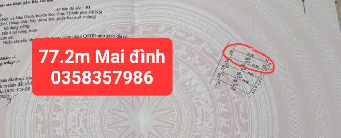 Bán đất Mai Nội Dt 77.2m vuông.MT 4.39m
Full thổ cư,giá  4 tỷ 100 triệu