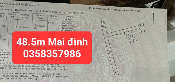 Bán đất Hương Đình, Mai Đình DT 48.5m.MT 4m,giá bán 2 tỷ 350 triệu