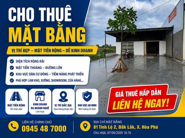 🔥 CHO THUÊ MẶT BẰNG KINH DOANH NGAY NÚT GIAO TRÁNH ĐÔNG – TỈNH LỘ 2 🔥

📍 Vị trí cực đẹp: Ngay ngã tư Tránh Đông Buôn Ma Thuột giao Tỉnh lộ 2, khu vực đông người qua lại, dễ nhận diện thương hiệu.

🏠 Diện tích sử dụng rộng rãi:
✅ Khoảng 110m² sàn sử d