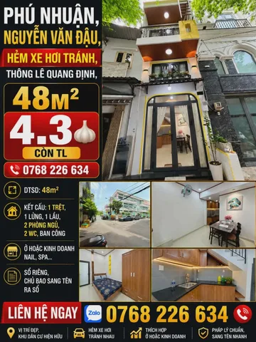 PHÚ NHUẬN, NGUYỄN VĂN ĐẬU, HẺM XE HƠI TRÁNH, THÔNG LÊ QUANG ĐỊNH, 48M² 💰 4.3🧄 📱 0768 226 634