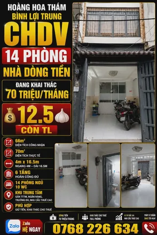 🏡 HOÀNG HOA THÁM, BÌNH LỢI TRUNG, CHDV 14PN, DÒNG TIỀN 70TR/THÁNG,70 m, 💰 12.5🧄 📱 0768 226 634