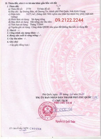 Bán đất Lô góc 1627m2 Đường Bào MT 92m giá 7.3tỷ tại Đặc Khu Phú Quốc