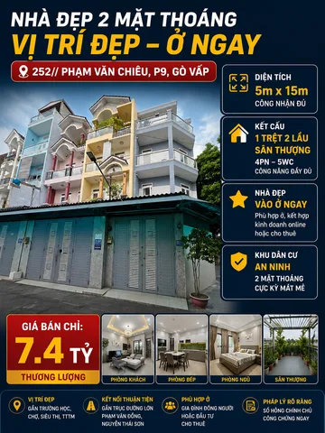 HOT! 2MT HXH P.VĂN CHIÊU P9. 5MX15M X 4TẦNG 5PN 5WC GARA OTO CHỈ 7.4 TỶ TL