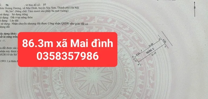 Bán đất Hoàng Dương Mai Đình DT 86.3m vuông,MT 4.05m,giá bán 3 tỷ 500 triệu