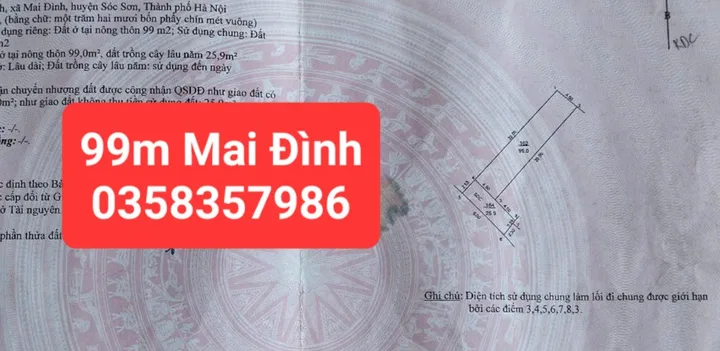 Bán đất Mai Đình DT 99m,MT 4.5m,giá bán 3 tỷ 050 triệu