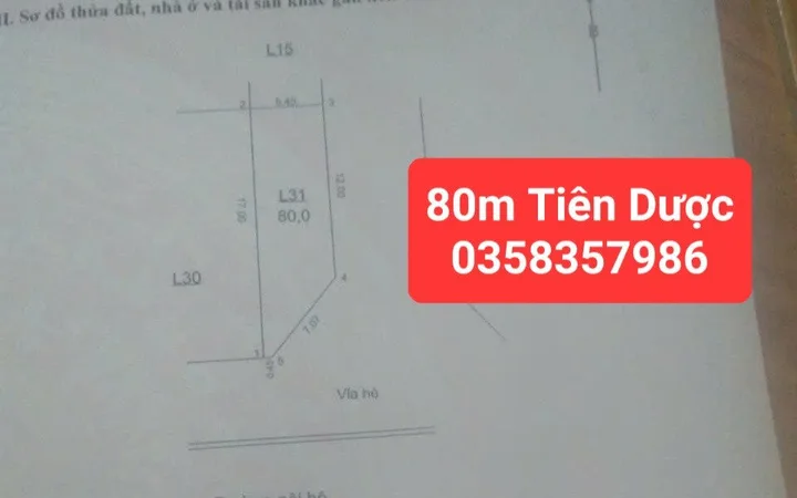 Bán đất Xã Tiên Dược DT 80m vuông,MT 7.52m,giá bán 6 tỷ 700 triệu