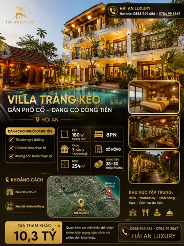 Bán Villa Trảng Kèo Hội An | 180m² | 8 Phòng | Có Dòng Tiền | Gần Phố Cổ