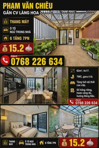 PHẠM VĂN CHIÊU, GẦN CV LÀNG HOA, THANG MÁY, Ô TÔ NGỦ TRONG NHÀ, 6 TẦNG 7PN, 💰15.2🧄, 📱0768 226 634