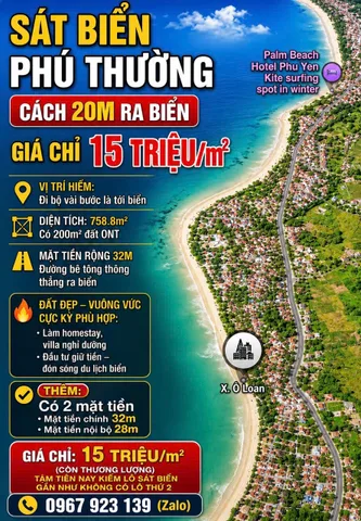 🚨 SÁT BIỂN PHÚ THƯỜNG – CÁCH 20M RA BIỂN

📍 Vị trí hiếm: đi bộ vài bước là tới biển
📐 Diện tích: 758,8m² (có 200m² ONT)
🚗 Mặt tiền cực rộng 32m – đường bê tông thông thẳng ra biển

🔥 Đất đẹp – vuông vức – cực kỳ phù hợp:
• Làm homestay, villa nghỉ 