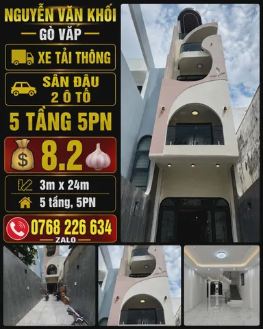 NGUYỄN VĂN KHỐI, GÒ VẤP, XE TẢI THÔNG, SÂN ĐẬU 2 Ô TÔ, 5 TẦNG 5PN, 💰8.2🧄, 📱0768 226 634