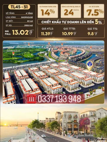 Bán shophouse Tài Lộc 4.3 TL45-51 Vinhomes Vũ Yên Hải Phòng.
