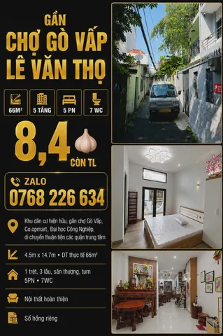 🏡 GẦN CHỢ GÒ VẤP • LÊ VĂN THỌ • 66M² • 5 TẦNG • 8 ,4🧄🧄 • 📱 0768 226 634
💰 8 ,4🧄🧄 còn TL • 📱 Zalo 0768 226 634
