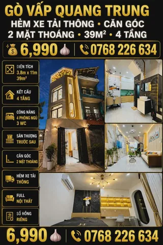 GÒ VẤP QUANG TRUNG • HẺM XE TẢI THÔNG • CĂN GÓC 2 MẶT THOÁNG • 39M² • 💰6 🧄 990 • 📱0768 226 634