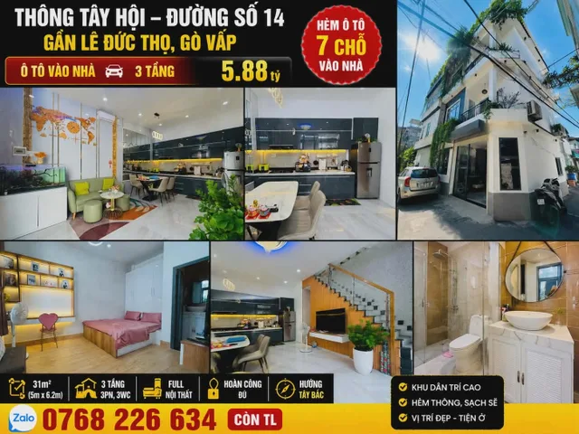 🍀 THÔNG TÂY HỘI, ĐƯỜNG SỐ 14 GẦN LÊ ĐỨC THỌ, GÒ VẤP • Ô TÔ VÀO NHÀ • 💰 5.88 🧄 • 📱 0768 226 634