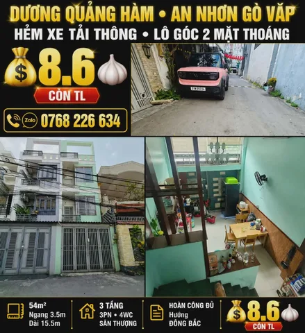 🍀 DƯƠNG QUẢNG HÀM • AN NHƠN GÒ VẤP • HẺM XE TẢI THÔNG • LÔ GÓC 2 MẶT THOÁNG • 💰 8.6 🧄