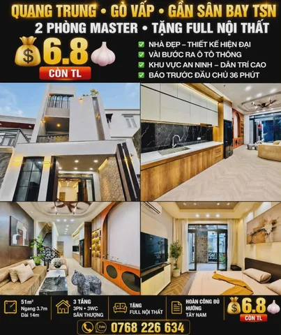 🍀 QUANG TRUNG • GÒ VẤP • GẦN SÂN BAY TSN • 2 PHÒNG MASTER • 💰 6.8 🧄
📱 Zalo 0768 226 634