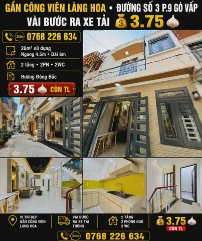 🍀 GẦN CÔNG VIÊN LÀNG HOA • ĐƯỜNG SỐ 3 P.9 GÒ VẤP • VÀI BƯỚC RA XE TẢI • 💰 3.75 🧄
📱 Zalo 0768 226 634