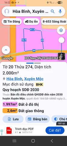 Bán đất quy hoạch fuf hồng đường nhựa. Xã Hòa bình. 44 x52