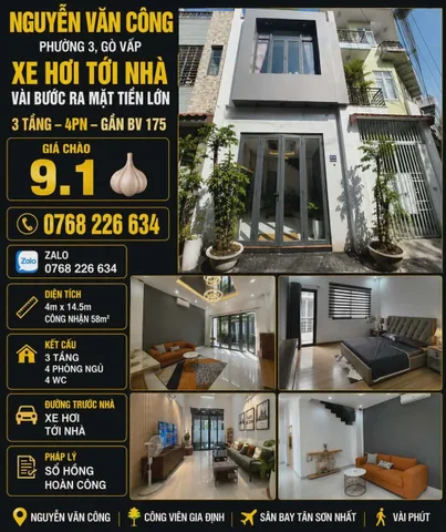 NGUYỄN VĂN CÔNG PHƯỜNG 3 GÒ VẤP XE HƠI TỚI NHÀ VÀI BƯỚC RA MẶT TIỀN LỚN 3 TẦNG 4PN GẦN BV 175 💰9.1 🧄 📱0768 226 634