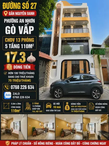 🍀 ĐƯỜNG SỐ 27 GẦN NGUYỄN OANH PHƯỜNG AN NHƠN GÒ VẤP CHDV 13 PHÒNG 5 TẦNG 110M² 💰17.3🧄 📱0768 226 634