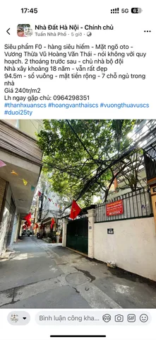 🏡 BÁN NHÀ VƯƠNG THỪA VŨ – DIỆN TÍCH RỘNG 95M² – Ô TÔ 7 CHỖ VÀO NHÀ – NGÕ THÔNG – 2 THOÁNG TRƯỚC SAU