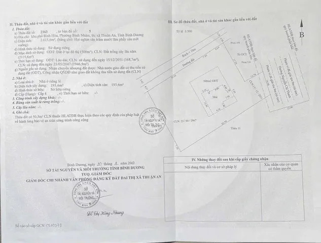 Bán Nhà riêng 2615m2 có sẵn 500 m2 thổ cư giá 65 tỷ tại Phường Bình Nhâm Thị xã Thuận An Bình Dương