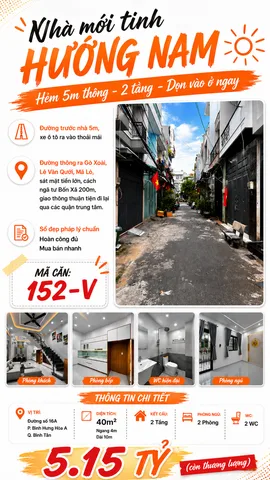 152-V|🔥NHÀ MỚI TINH- 40m²- HƯỚNG NAM - HẺM 5M THÔNG - 2 TẦNG