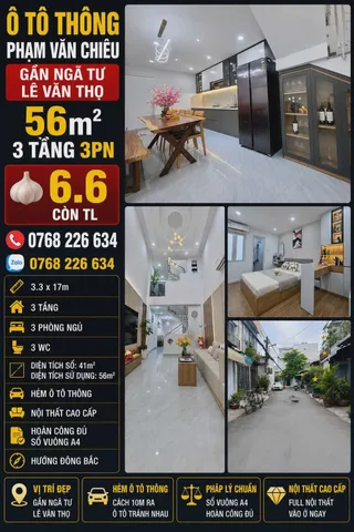 🍀 Ô TÔ THÔNG PHẠM VĂN CHIÊU GẦN NGÃ TƯ LÊ VĂN THỌ 56M² 3 TẦNG 3PN 💰 6.6 🧄

📱 Zalo 0768 226 634