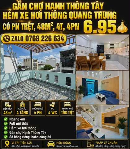 GẦN CHỢ HẠNH THÔNG TÂY, HẺM XE HƠI THÔNG QUANG TRUNG, CÓ PN TRỆT, 48M², 4T, 4PN 💰 6.95 🧄