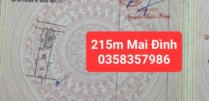 Bán đất Mai Đình DT 215m vuông,MT 3m
Giá bán 3 tỷ 600 triệu