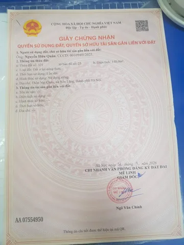 Bán đất 150m² full thổ cư ngang 6.24m giá 3.75 tỷ tại Xã Chu Phan Huyện Mê Linh