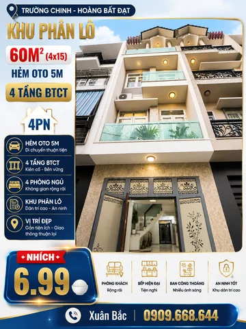 TRƯỜNG CHINH - HOÀNG BÂT ĐAT 
KHU PHÂN LÔ - HẺM 5M
NGANG 4 DÀI 15 VỚI 4PN MASTER (BHBD)