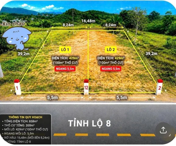 HẠ GIÁ CẮT LỖ HAI LÔ MẶT TIỀN TL8 KHÁNH BÌNH , KHÁNH VĨNH . DT 429m2 CÓ 100m2 THỔ CƯ . GIÁ CHỈ 399 triệu/lô
