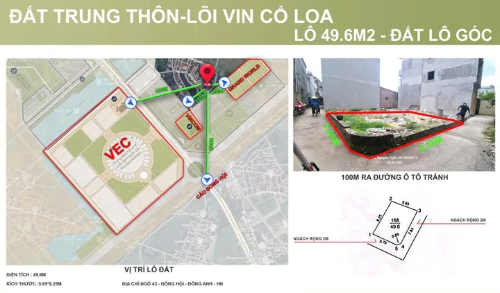 Bán đất Trung Thôn Đông Hội xã Đông Anh 49,6m2 lô góc ngõ thông ô tô giá chỉ hơn 5 tỷ. Lh 0385999322