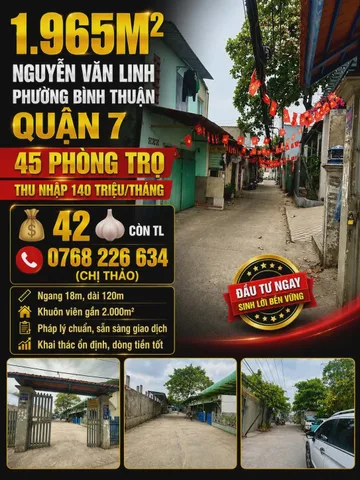 🏡 1.965m² Nguyễn Văn Linh, Phường Bình Thuận, Quận 7. 45 phòng trọ, thu nhập 140 triệu/tháng.