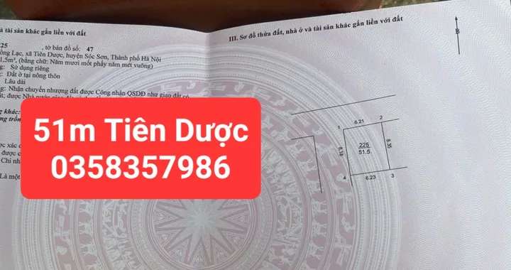 Bán đất Tiên Dược DT 51m,MT 6.21m
Giá bán2 tỷ 350 triệu