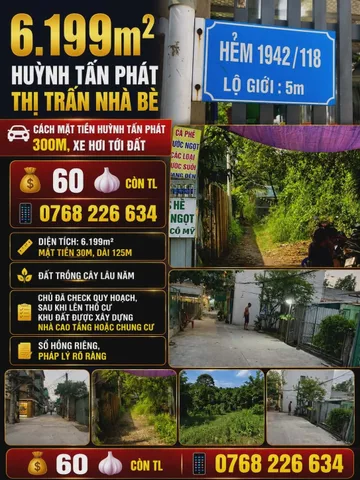 🏡 6.199m² Huỳnh Tấn Phát, Thị Trấn Nhà Bè
🚗 Cách mặt tiền Huỳnh Tấn Phát 300m, xe hơi tới đất
💰 60 🧄 Còn TL | 📱 0768 226 634